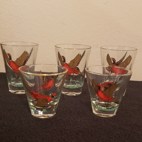VTG Hazel Atlas glassware Gold Pheasant Glass with gold rim Barware.SET OF 5 - Picture 1 of 8